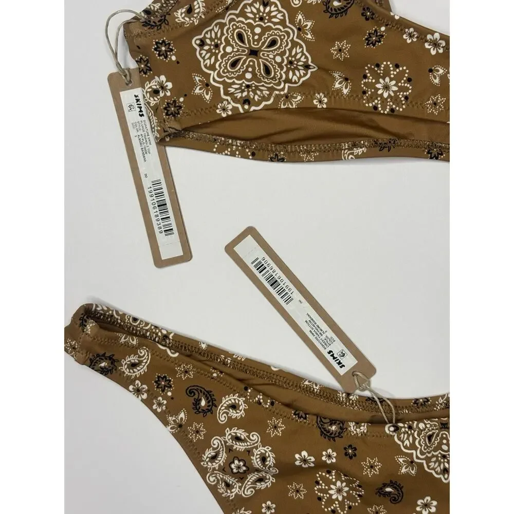 SKIMS Signature Plunge Top and Tanga Bottom Bikini Set Almond Bandana Sz S NWT